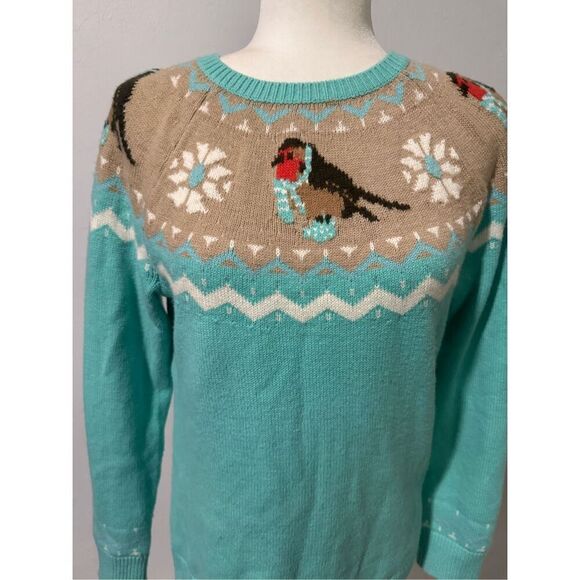 Talbots aqua Fair Isle bird print pullover lambswool blend sweater MP - Picture 8 of 9
